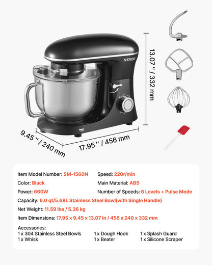 Stand Mixer, 6 QT Dough Mixer, 1400W 6 + P Speeds Tilt-head Food Mixer with Stainless Steel Bowl, Dough Hook, Wire Whip, Flat Beater, Scraper,Household Stand Mixer for Baking, Mixing, Black