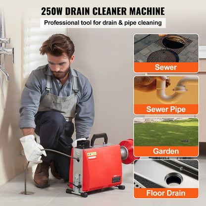 Drain Cleaner Machine 20m x 16mm 250W Sewer Snake Auger Manual Feed