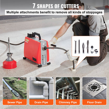 Drain Cleaner Machine 20m x 16mm 250W Sewer Snake Auger Manual Feed