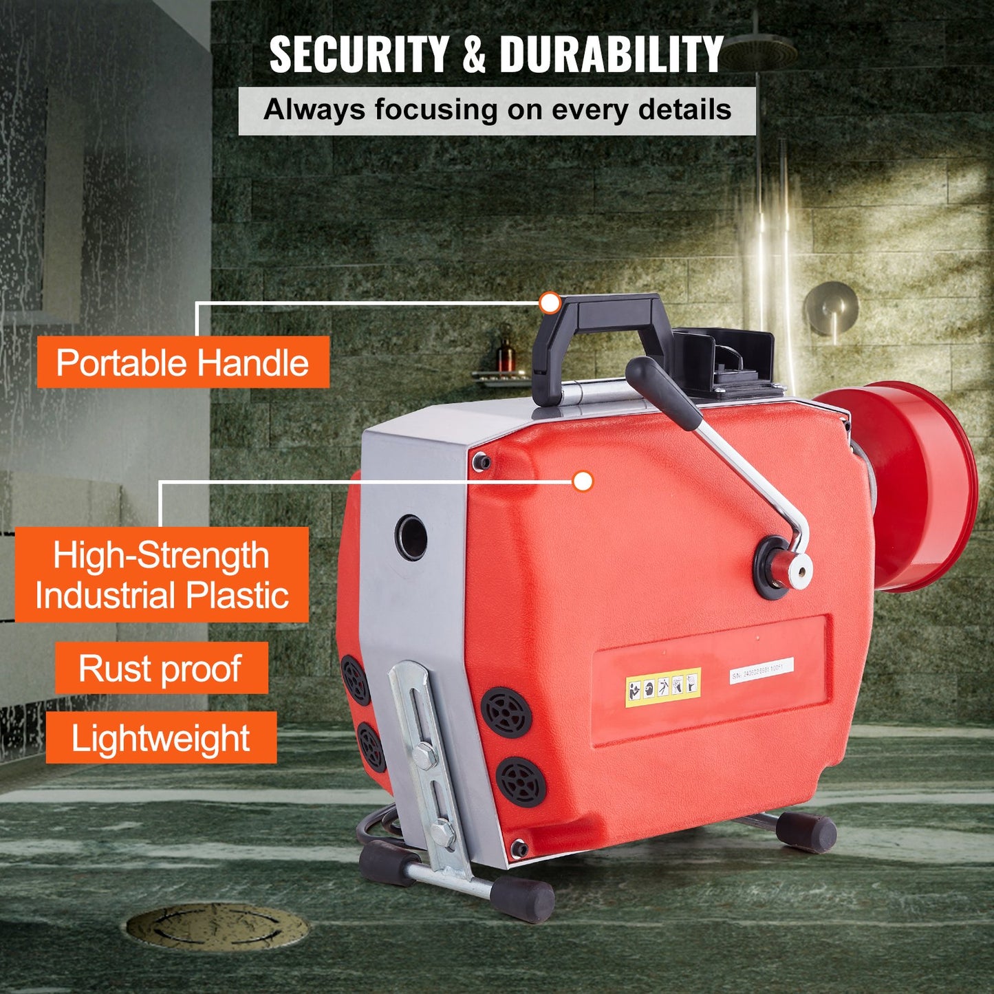 120 Fuß x 7/8 Zoll Abflussreinigungsmaschine, 420 W elektrische Abflussspirale mit manueller Zuführung - mit 6 Schneidmessern, 2 Stahlseilen (120 Fuß x 7/8 Zoll und 18 Fuß x 3/8 Zoll) und CW/CCW-Steuerung für Rohre von 1,9 Zoll bis 6 Zoll