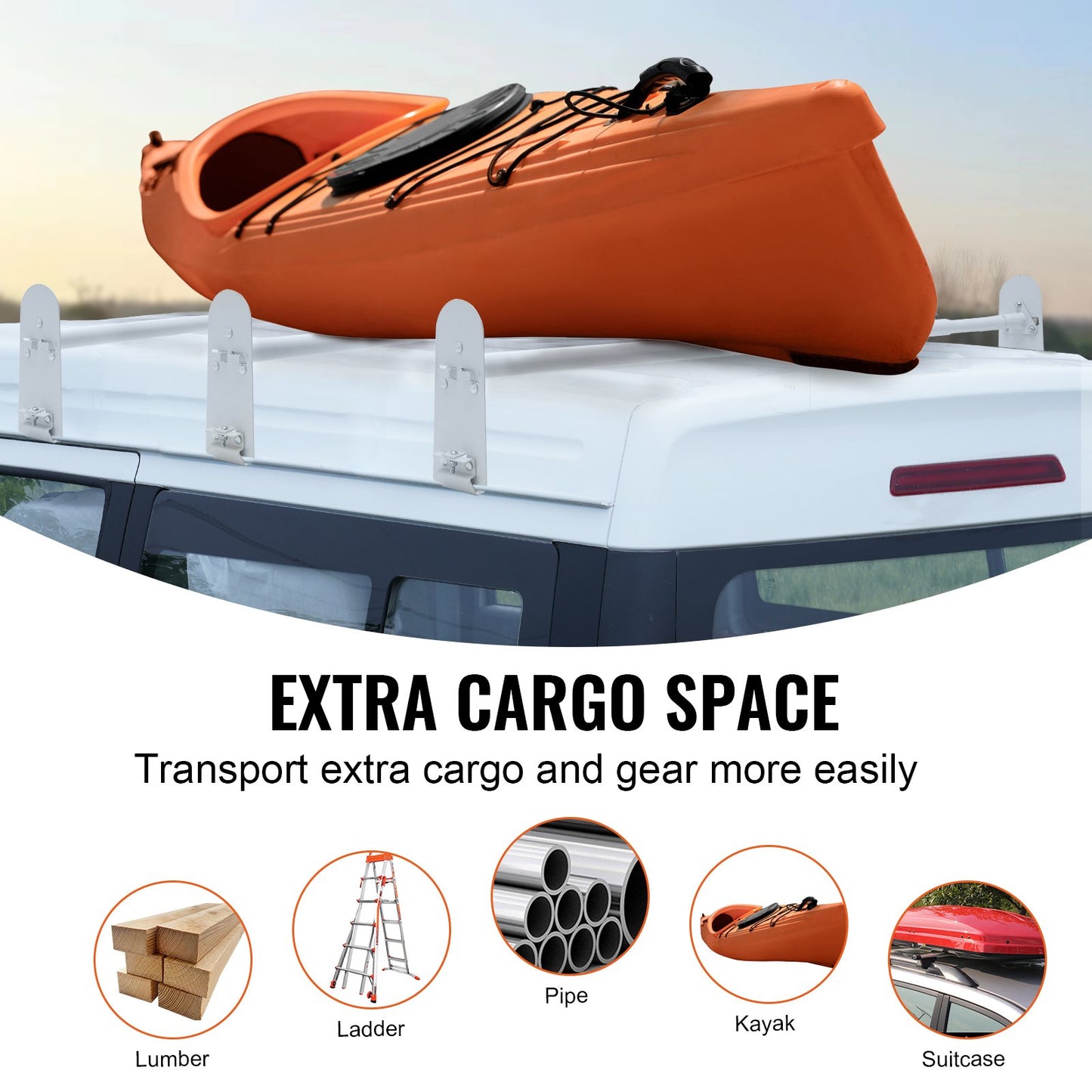 Dachgepäckträger für Transporter, 3-Querträger aus legiertem Stahl, 340 kg Tragkraft, Regenrinnen-Dachgepäckträger, verstellbare Länge von 102,2 cm bis 190 cm, kompatibel mit Chevrolet Express, GMC Savana usw.