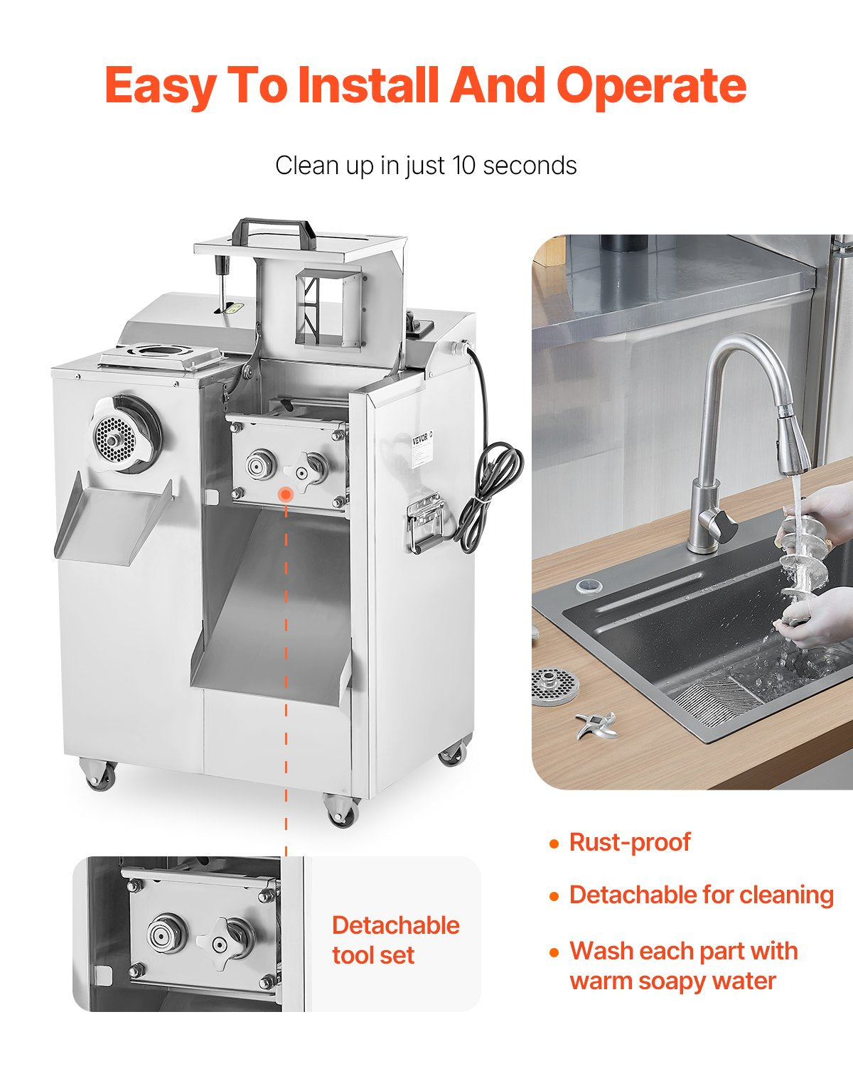 Fleischwolf, elektrischer Fleischwolf (6,3 kg/min), Schneidemaschine, Wurstfüller mit Messer, Lochscheibe, Wurstmaschine, Edelstahl-Fleischwolfschrank zum Schneiden, Zerkleinern und Würfeln, für die Gastronomie