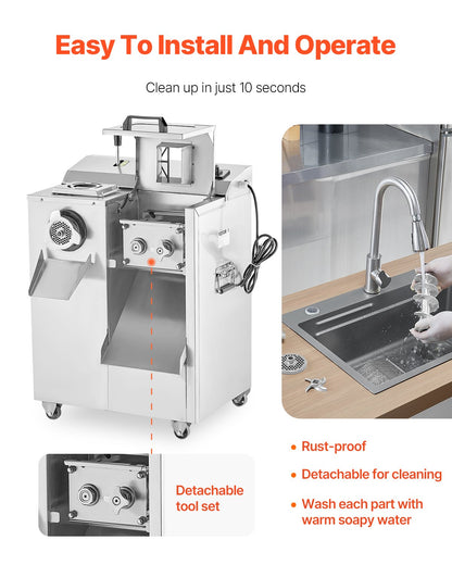 Fleischwolf, elektrischer Fleischwolf (6,3 kg/min), Schneidemaschine, Wurstfüller mit Messer, Lochscheibe, Wurstmaschine, Edelstahl-Fleischwolfschrank zum Schneiden, Zerkleinern und Würfeln, für die Gastronomie