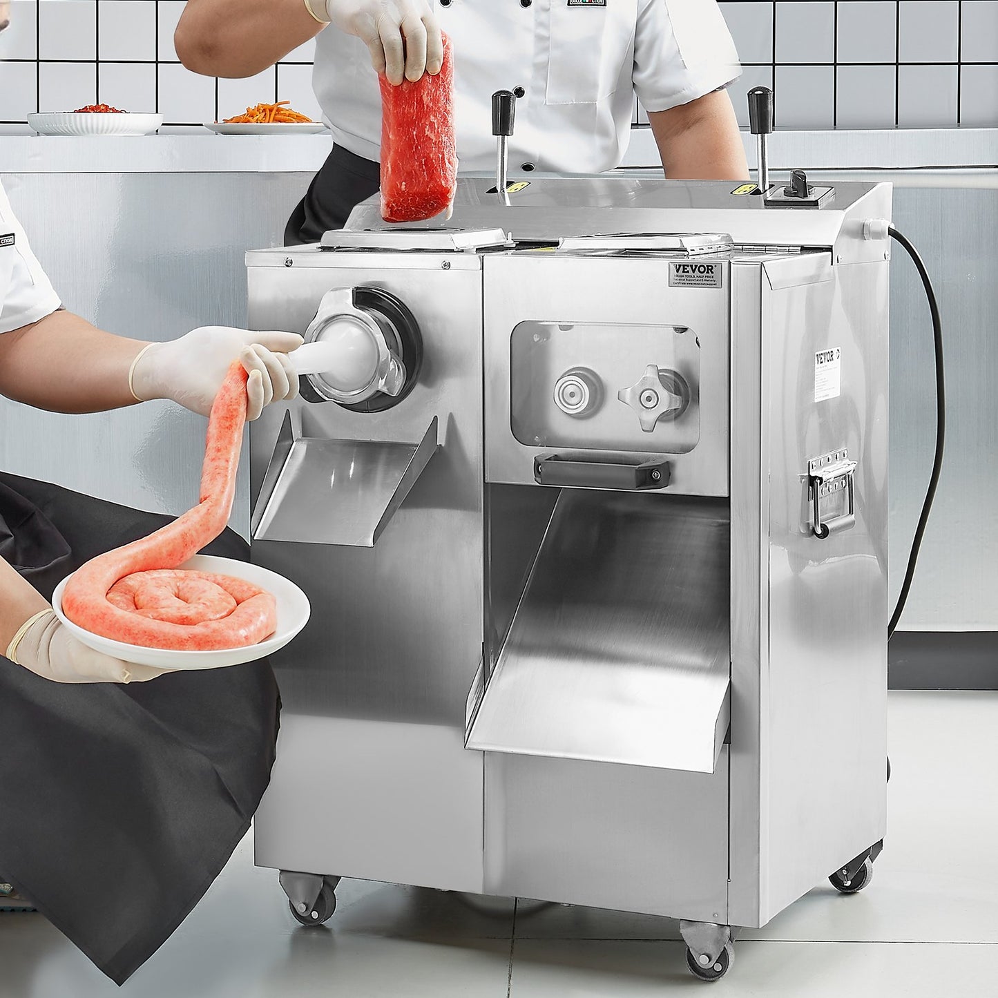 Fleischwolf, elektrischer Fleischwolf (6,3 kg/min), Schneidemaschine, Wurstfüller mit Messer, Lochscheibe, Wurstmaschine, Edelstahl-Fleischwolfschrank zum Schneiden, Zerkleinern und Würfeln, für die Gastronomie