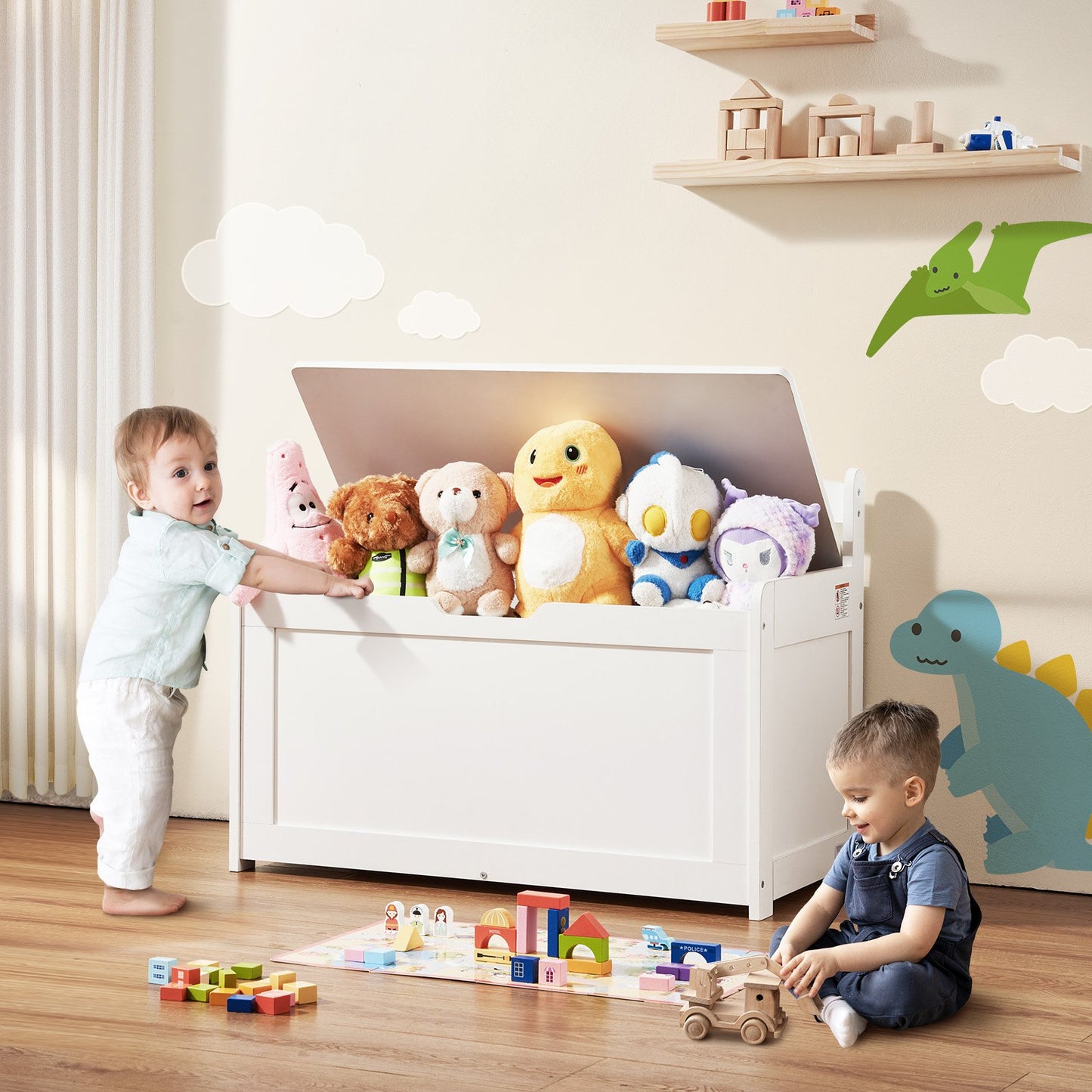 Wooden Toy Chest for Kids, Toddler Toy Storage Box with Flip-Top Lid and Safety Hinge, 32.68 x 17.91 x 24.02" Large Kids Storage Bench for Playroom, Bedroom, Living Room or Entryway, White