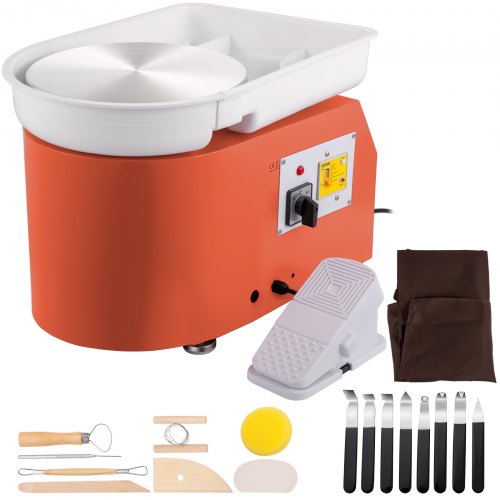 Pottery Wheel 27.9 cm 0-300 RPM Ceramic Wheel, 350W Adjustable Speed Forming Machine with Sculpting Tools and Apron, Detachable Basin Foot Pedal Control for Art Craft Work and Home DIY Orange
