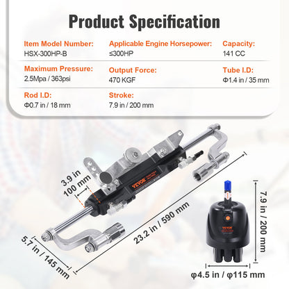 Hydraulic Outboard Steering Kit, 300HP, Marine Boat Hydraulic Steering System, with Helm Pump Two-Way Lock Cylinder and 792.5 cm Hydraulic Steering Hose, for Single Station Single-Engine Boats