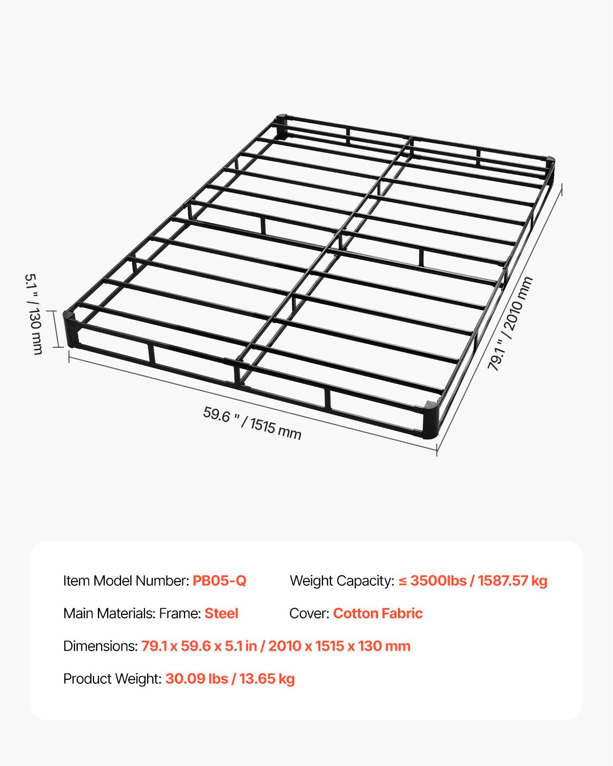 Box Spring, Queen Size Bed Frame with Washable Fabric Cloth, Heavy Duty Metal Frame for Queen Bed, 5 in Mattress Foundation, 3500 lbs Max Weight Capacity, Easy Assembly, 79.1L x 59.6W x 5.1H in