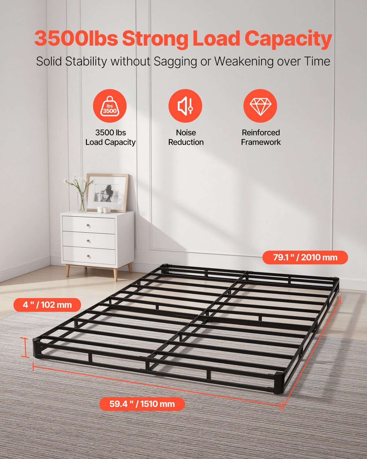 Boxspringbett, Queensize-Bettgestell mit waschbarem Stoffbezug, robustes Metallgestell für Queensize-Betten, 10 cm dicke Matratzenunterlage, maximale Belastbarkeit 1588 kg, einfache Montage, 201 cm L x 151 cm B x 10 cm H