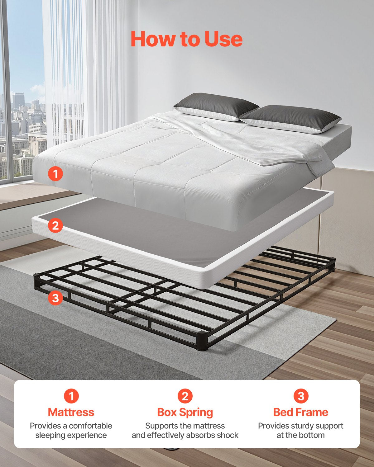 Boxspringbett, Queensize-Bettgestell mit waschbarem Stoffbezug, robustes Metallgestell für Queensize-Betten, 10 cm dicke Matratzenunterlage, maximale Belastbarkeit 1588 kg, einfache Montage, 201 cm L x 151 cm B x 10 cm H
