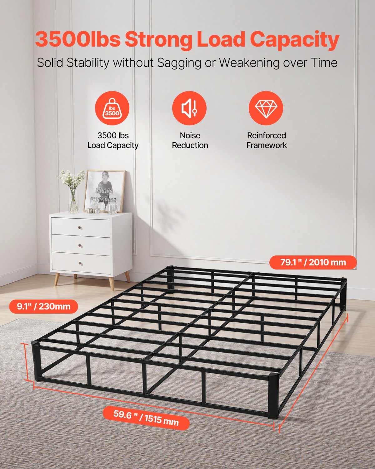 Box Spring, Queen Size Bed Frame with Washable Fabric Cloth, Heavy Duty Metal Frame for Queen Bed, 9 in Mattress Foundation, 3500 lbs Max Weight Capacity, Easy Assembly, 79.1L x 59.6W x 9.1H in