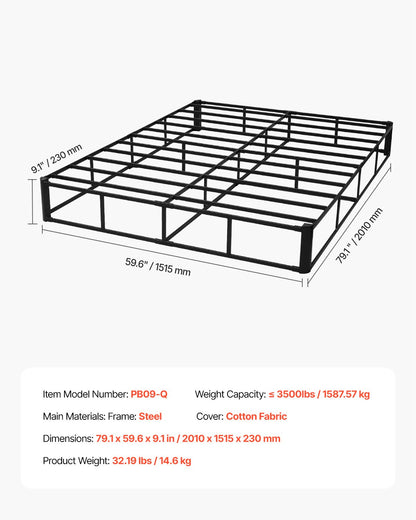 Box Spring, Queen Size Bed Frame with Washable Fabric Cloth, Heavy Duty Metal Frame for Queen Bed, 9 in Mattress Foundation, 3500 lbs Max Weight Capacity, Easy Assembly, 79.1L x 59.6W x 9.1H in