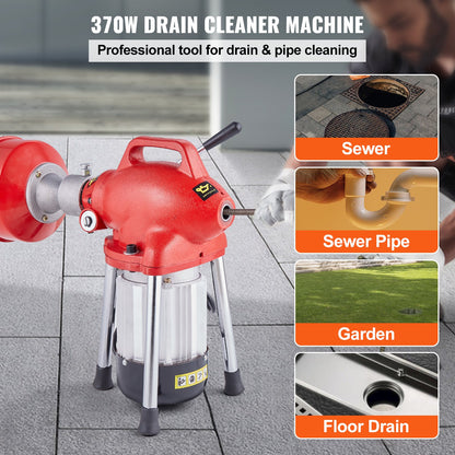 Drain Cleaner Machine 120FT x 5/8 Inch, 370W Electric Sewer Snake Auger Manual Feed - with 2 Sectional Steel Cables(120' x 5/8" and 23' x 3/8"), 7 Cutters and CW/CCW Control for 1.6" to 4" Pipes