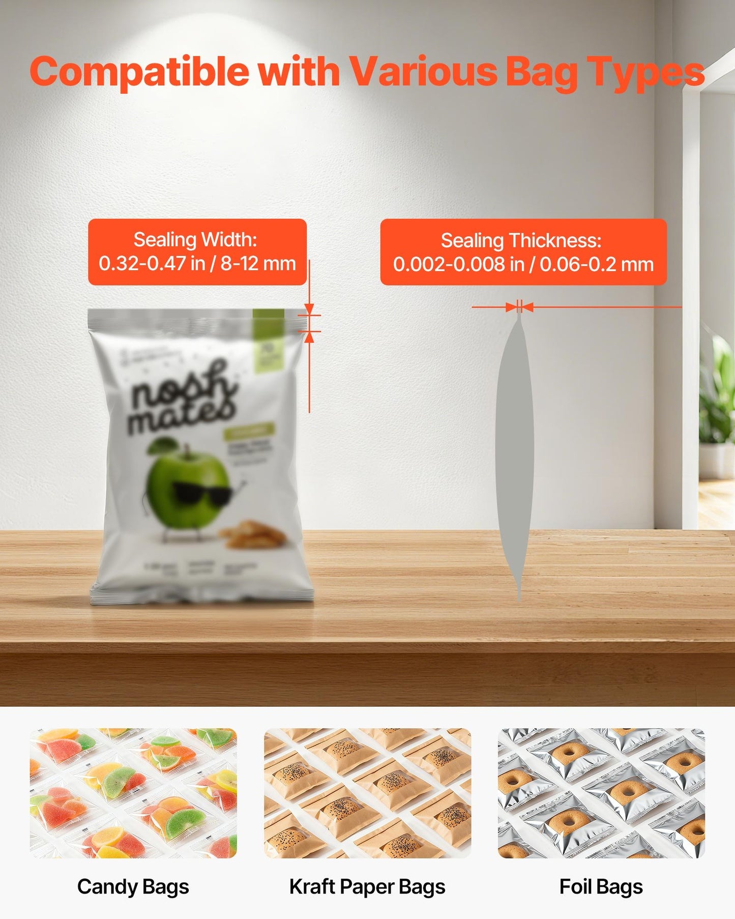 Kontinuierliche Siegelmaschine, 8–12 mm Siegelbreite, automatisches Bandsiegelgerät mit digitaler Temperaturregelung, automatischer Abschaltung, Heißsiegelmaschine für 0,06–0,2 mm dicke Plastikbeutel