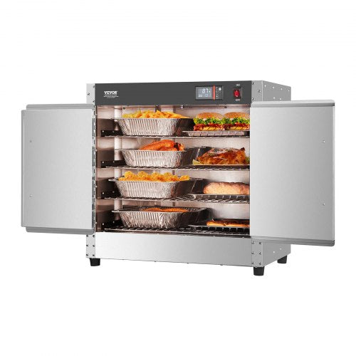 Hot Box Food Warmer, 4-Tier Concession Warmer with Water Tray, 4 Pans, Double-door and Adjustable Shelves, Stainless Steel Food Warmer Cabinet, Ideal for Storing Pizza, Chicken, Restaurant