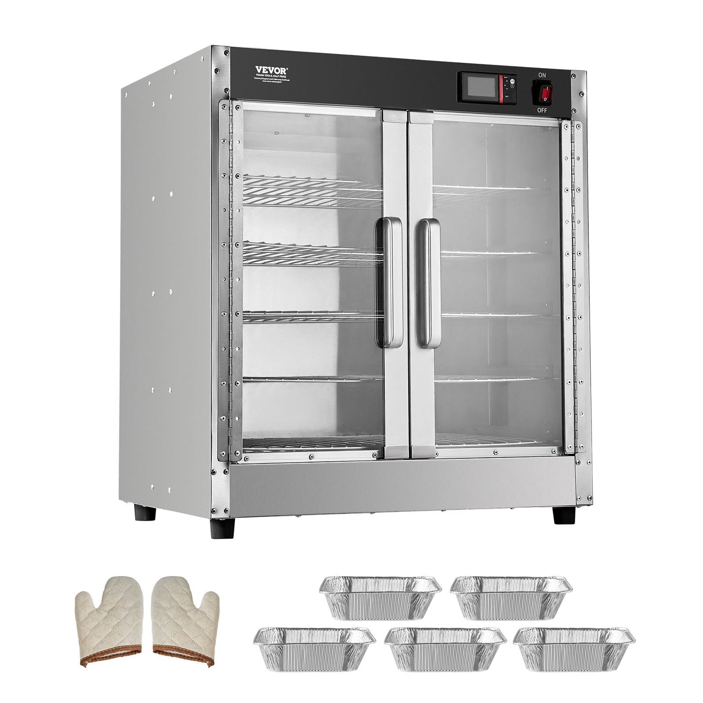 Hot Box Food Warmer, 5-Tier Concession Warmer with Water Tray, 5 Pans, Glass Double-door and Adjustable Shelves, Stainless Steel Food Warmer Cabinet, Ideal for Storing Pizza, Chicken, Restaurant