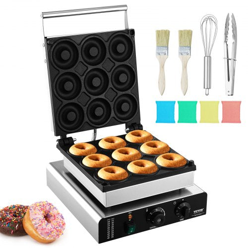 Elektrischer Donut-Maker, 2000 W, gewerbliche Donut-Maschine mit Antihaftbeschichtung, 9 Löcher, doppelseitige Heizfunktion, backt 9 Donuts, Temperatur 50–300 °C, für Gastronomie und Haushalt