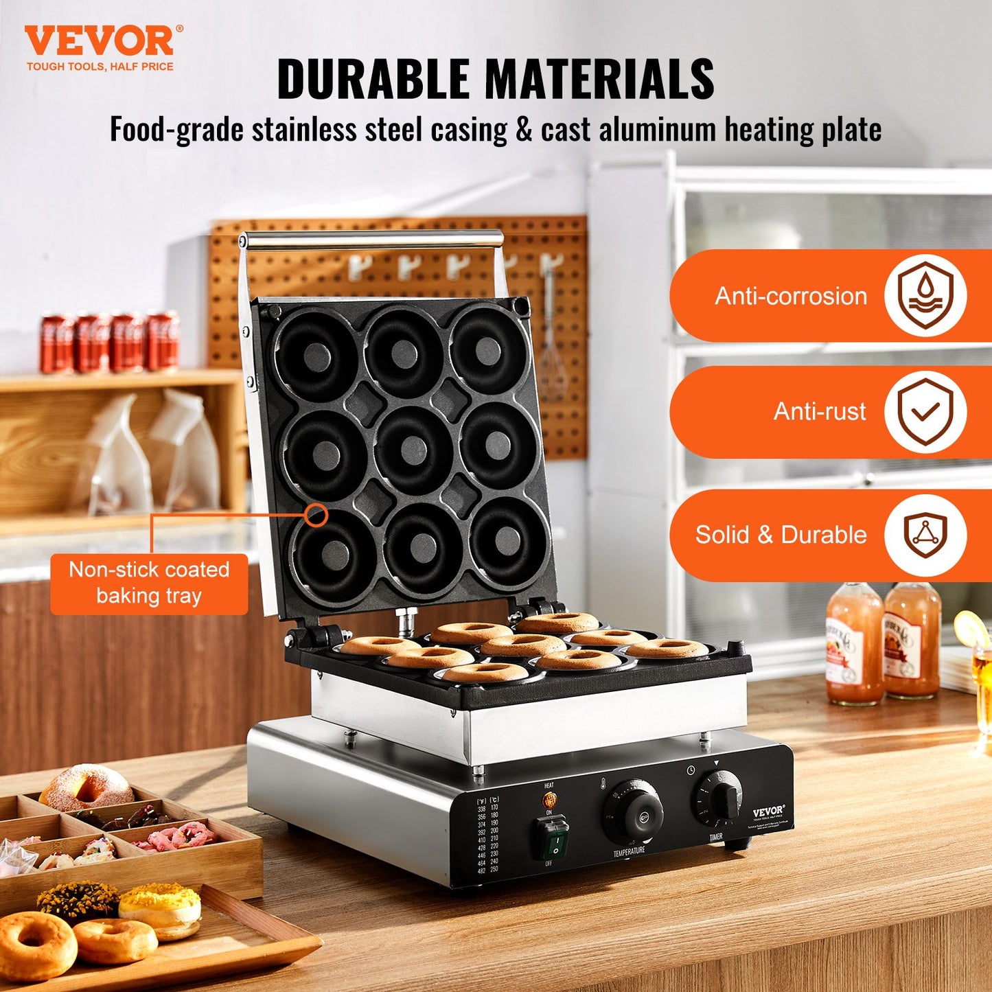 Elektrischer Donut-Maker, 2000 W, gewerbliche Donut-Maschine mit Antihaftbeschichtung, 9 Löcher, doppelseitige Heizfunktion, backt 9 Donuts, Temperatur 50–300 °C, für Gastronomie und Haushalt