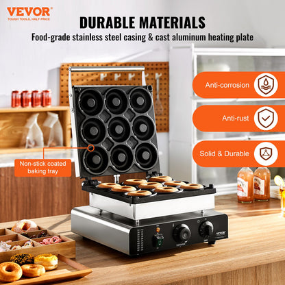 Elektrischer Donut-Maker, 2000 W, gewerbliche Donut-Maschine mit Antihaftbeschichtung, 9 Löcher, doppelseitige Heizfunktion, backt 9 Donuts, Temperatur 50–300 °C, für Gastronomie und Haushalt