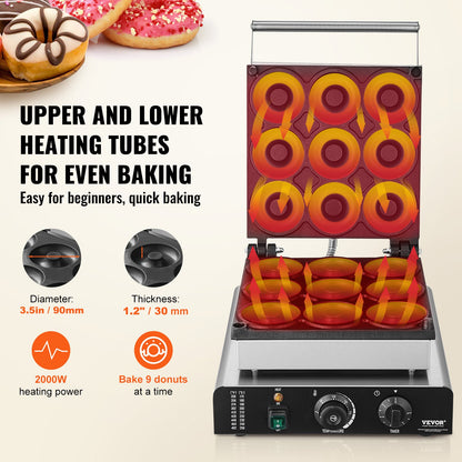 Elektrischer Donut-Maker, 2000 W, gewerbliche Donut-Maschine mit Antihaftbeschichtung, 9 Löcher, doppelseitige Heizfunktion, backt 9 Donuts, Temperatur 50–300 °C, für Gastronomie und Haushalt