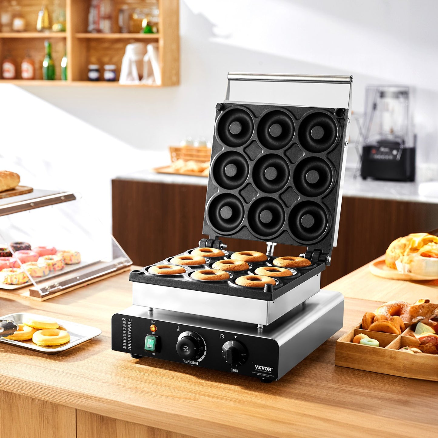 Elektrischer Donut-Maker, 2000 W, gewerbliche Donut-Maschine mit Antihaftbeschichtung, 9 Löcher, doppelseitige Heizfunktion, backt 9 Donuts, Temperatur 50–300 °C, für Gastronomie und Haushalt