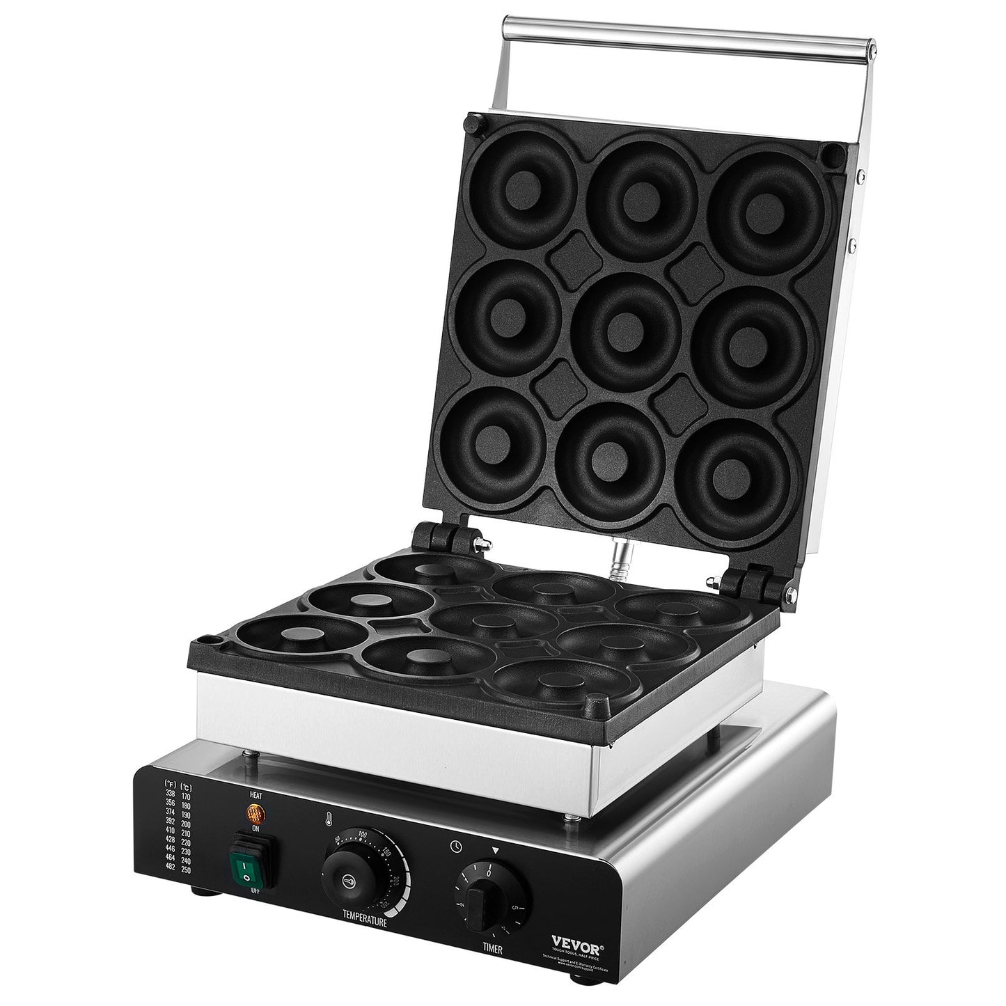 Elektrischer Donut-Maker, 2000 W, gewerbliche Donut-Maschine mit Antihaftbeschichtung, 9 Löcher, doppelseitige Heizfunktion, backt 9 Donuts, Temperatur 50–300 °C, für Gastronomie und Haushalt