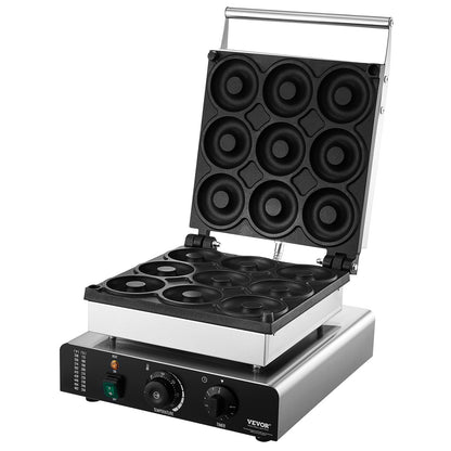 Elektrischer Donut-Maker, 2000 W, gewerbliche Donut-Maschine mit Antihaftbeschichtung, 9 Löcher, doppelseitige Heizfunktion, backt 9 Donuts, Temperatur 50–300 °C, für Gastronomie und Haushalt