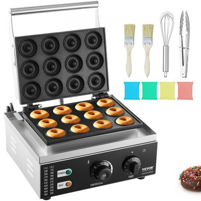Elektrischer Donut-Maker, 1550 W, gewerbliche Donut-Maschine mit Antihaftbeschichtung, doppelseitiges Waffeleisen mit 12 Löchern für 12 Donuts, Temperatur 50–300 °C, für Gastronomie und Haushalt