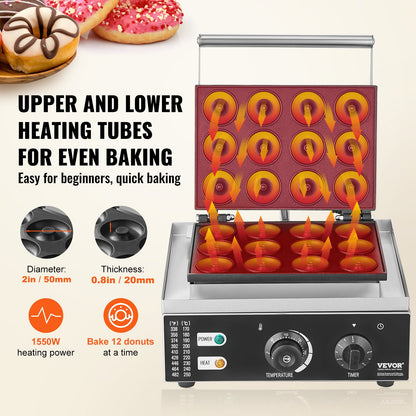 Elektrischer Donut-Maker, 1550 W, gewerbliche Donut-Maschine mit Antihaftbeschichtung, doppelseitiges Waffeleisen mit 12 Löchern für 12 Donuts, Temperatur 50–300 °C, für Gastronomie und Haushalt
