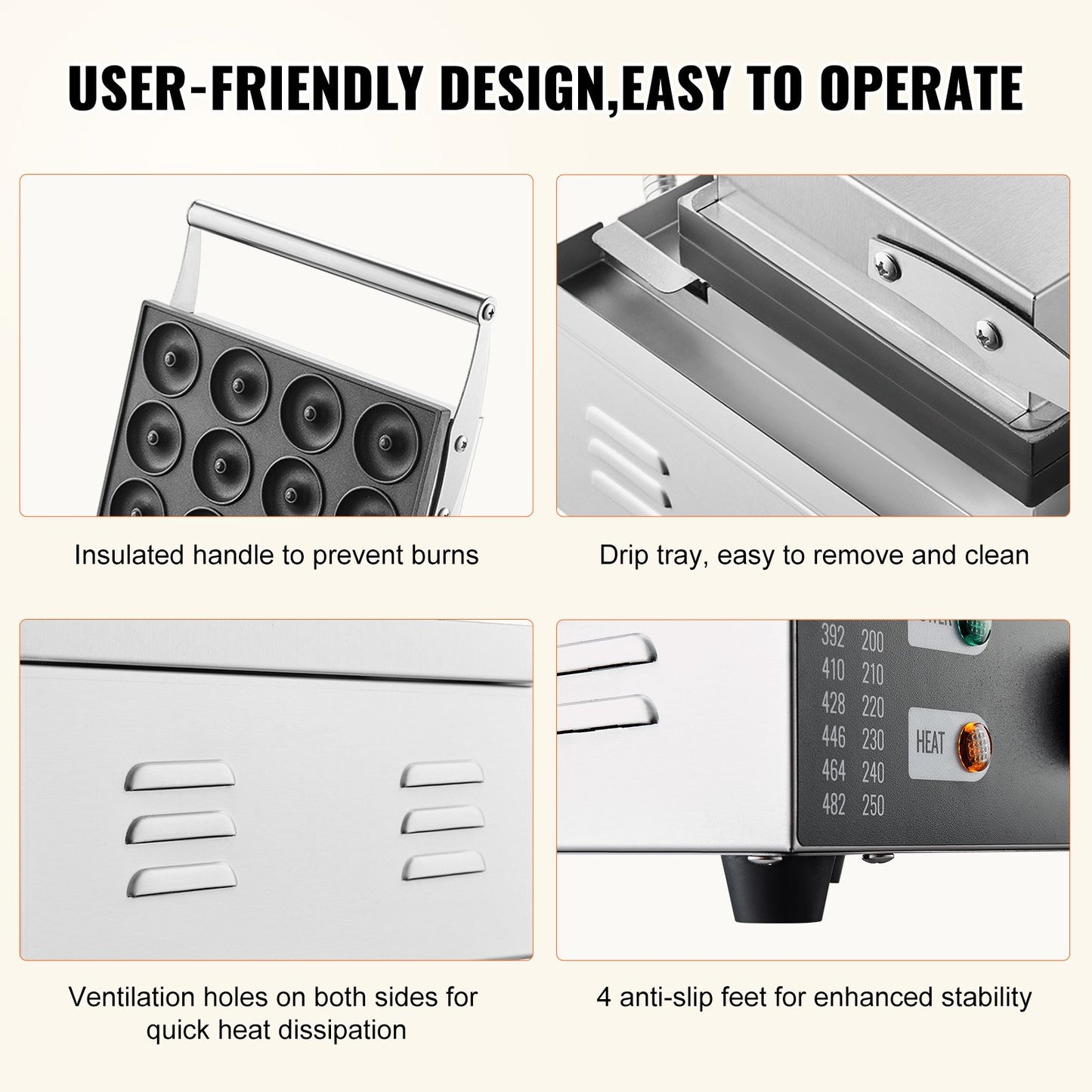Elektrischer Donut-Maker, 1550 W, gewerbliche Donut-Maschine mit Antihaftbeschichtung, doppelseitiges Waffeleisen mit 12 Löchern für 12 Donuts, Temperatur 50–300 °C, für Gastronomie und Haushalt