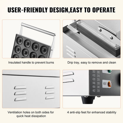 Elektrischer Donut-Maker, 1550 W, gewerbliche Donut-Maschine mit Antihaftbeschichtung, doppelseitiges Waffeleisen mit 12 Löchern für 12 Donuts, Temperatur 50–300 °C, für Gastronomie und Haushalt
