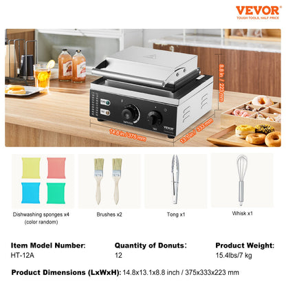 Elektrischer Donut-Maker, 1550 W, gewerbliche Donut-Maschine mit Antihaftbeschichtung, doppelseitiges Waffeleisen mit 12 Löchern für 12 Donuts, Temperatur 50–300 °C, für Gastronomie und Haushalt