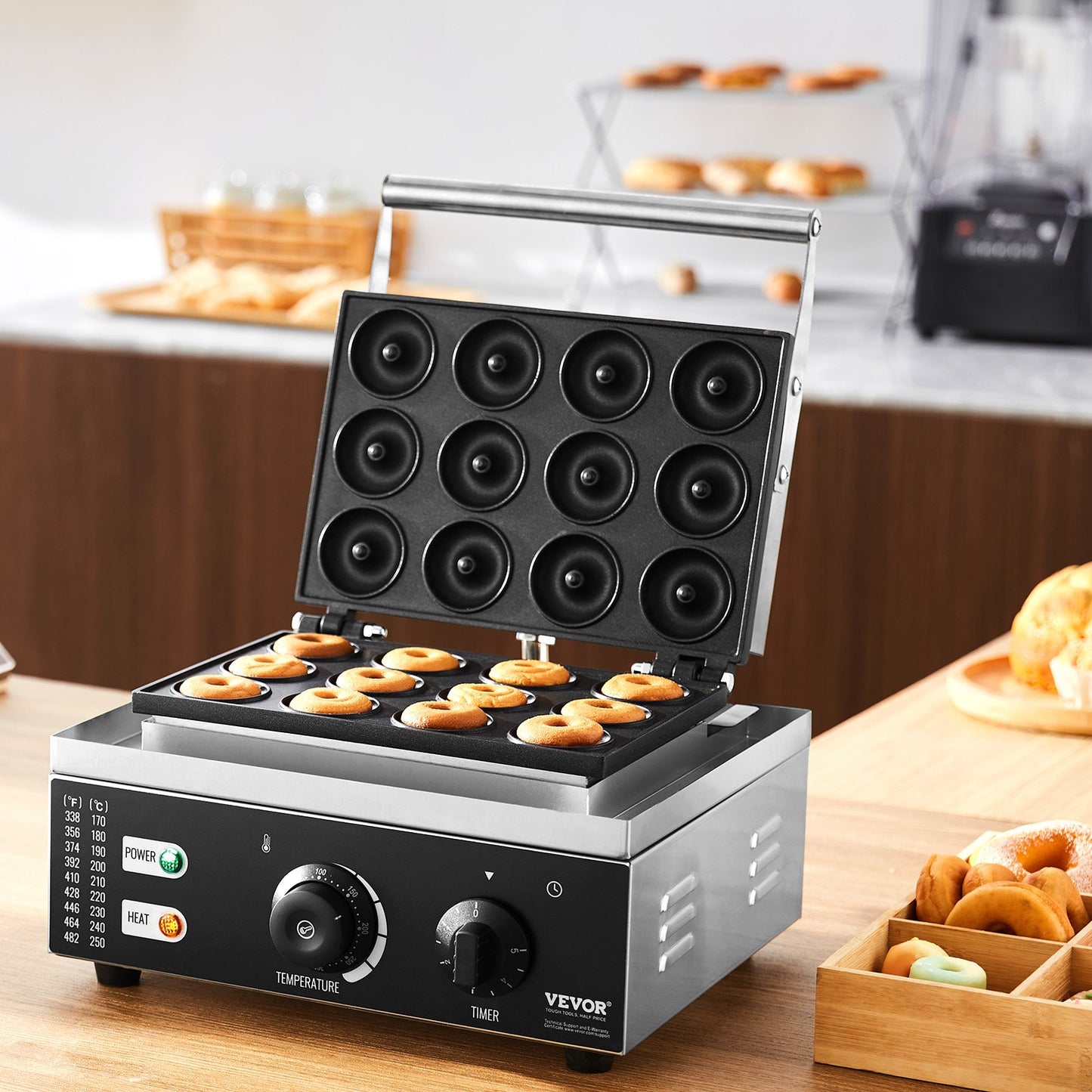 Elektrischer Donut-Maker, 1550 W, gewerbliche Donut-Maschine mit Antihaftbeschichtung, doppelseitiges Waffeleisen mit 12 Löchern für 12 Donuts, Temperatur 50–300 °C, für Gastronomie und Haushalt