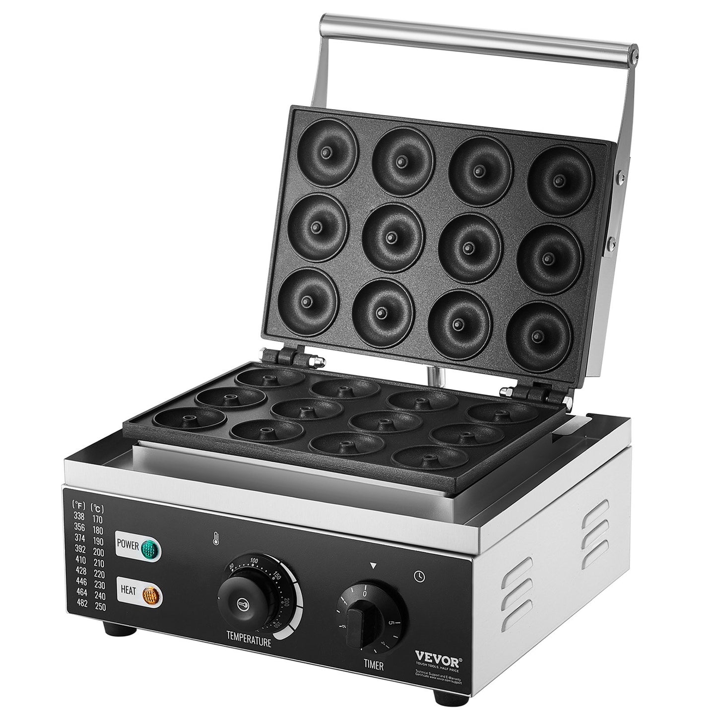 Elektrischer Donut-Maker, 1550 W, gewerbliche Donut-Maschine mit Antihaftbeschichtung, doppelseitiges Waffeleisen mit 12 Löchern für 12 Donuts, Temperatur 50–300 °C, für Gastronomie und Haushalt