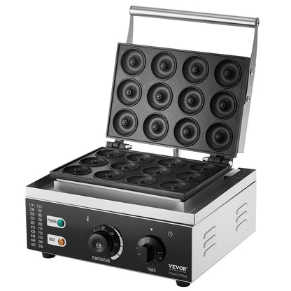 Elektrischer Donut-Maker, 1550 W, gewerbliche Donut-Maschine mit Antihaftbeschichtung, doppelseitiges Waffeleisen mit 12 Löchern für 12 Donuts, Temperatur 50–300 °C, für Gastronomie und Haushalt