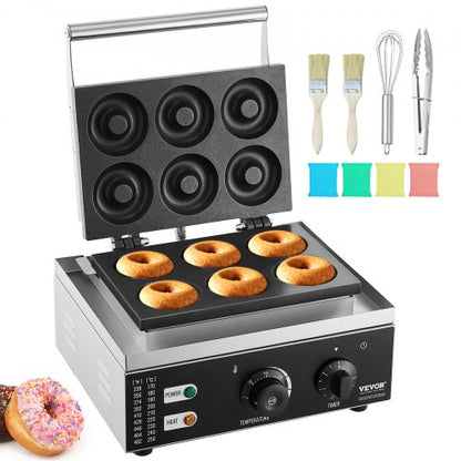 Elektrischer Donut-Maker, 1550 W, gewerbliche Donut-Maschine mit Antihaftbeschichtung, 6 Löcher, doppelseitige Heizfunktion, backt 6 Donuts, Temperatur 50–300 °C, für Gastronomie und Haushalt