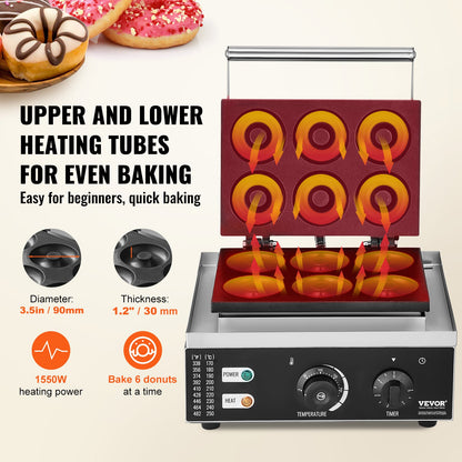 Elektrischer Donut-Maker, 1550 W, gewerbliche Donut-Maschine mit Antihaftbeschichtung, 6 Löcher, doppelseitige Heizfunktion, backt 6 Donuts, Temperatur 50–300 °C, für Gastronomie und Haushalt