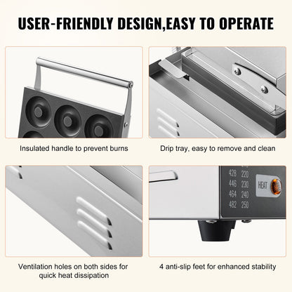 Elektrischer Donut-Maker, 1550 W, gewerbliche Donut-Maschine mit Antihaftbeschichtung, 6 Löcher, doppelseitige Heizfunktion, backt 6 Donuts, Temperatur 50–300 °C, für Gastronomie und Haushalt