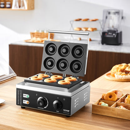 Elektrischer Donut-Maker, 1550 W, gewerbliche Donut-Maschine mit Antihaftbeschichtung, 6 Löcher, doppelseitige Heizfunktion, backt 6 Donuts, Temperatur 50–300 °C, für Gastronomie und Haushalt
