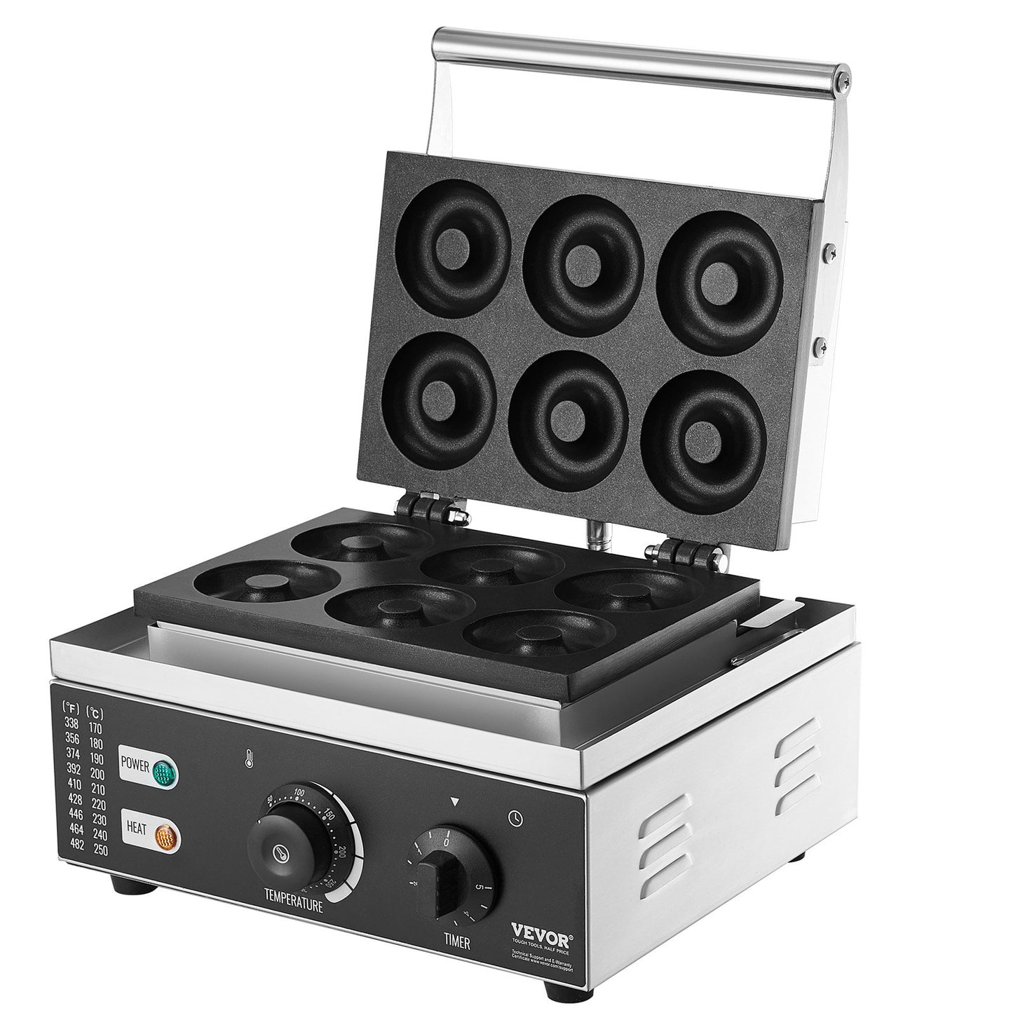 Elektrischer Donut-Maker, 1550 W, gewerbliche Donut-Maschine mit Antihaftbeschichtung, 6 Löcher, doppelseitige Heizfunktion, backt 6 Donuts, Temperatur 50–300 °C, für Gastronomie und Haushalt