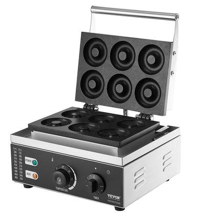Elektrischer Donut-Maker, 1550 W, gewerbliche Donut-Maschine mit Antihaftbeschichtung, 6 Löcher, doppelseitige Heizfunktion, backt 6 Donuts, Temperatur 50–300 °C, für Gastronomie und Haushalt