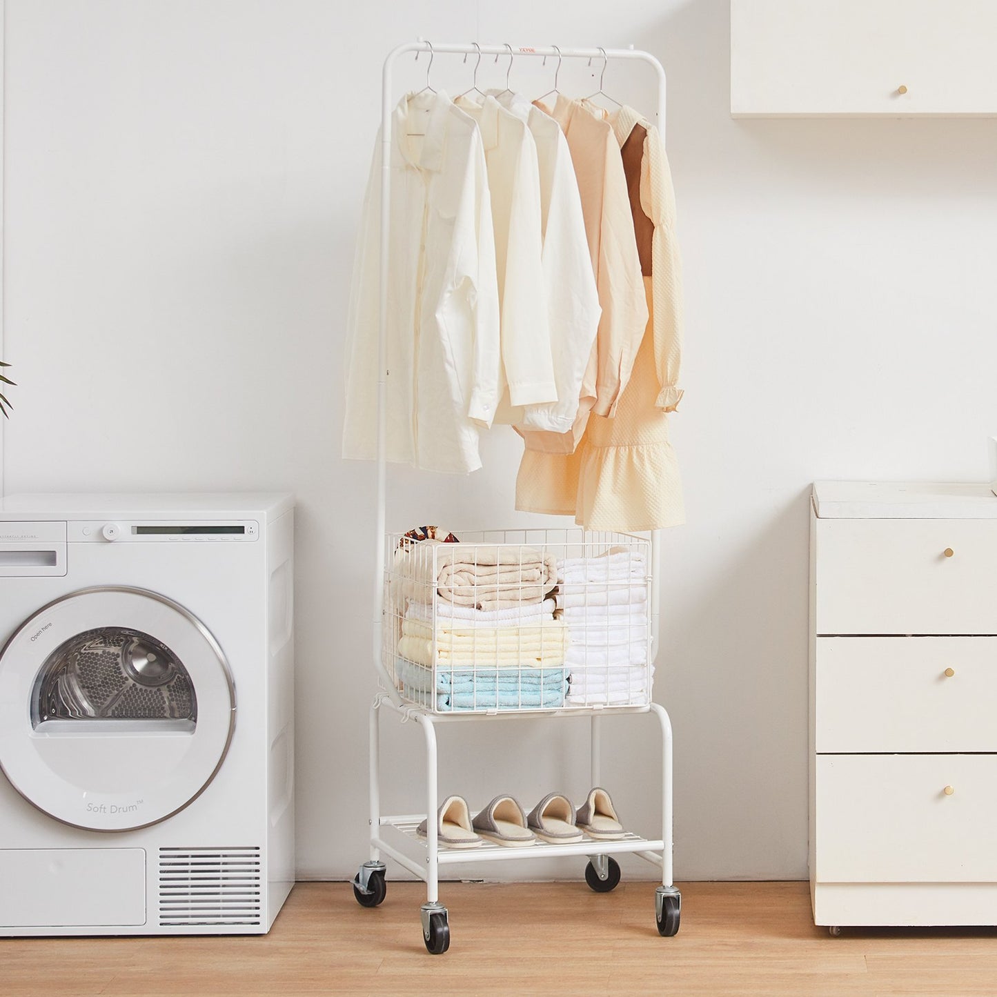 Metal Rolling Laundry Basket with Hanging Garment Rack, Height Adjustment Laundry Hamper Cart with Basket Load and Shelf Load, Storage Organizer with Heavy Duty Lockable Wheels