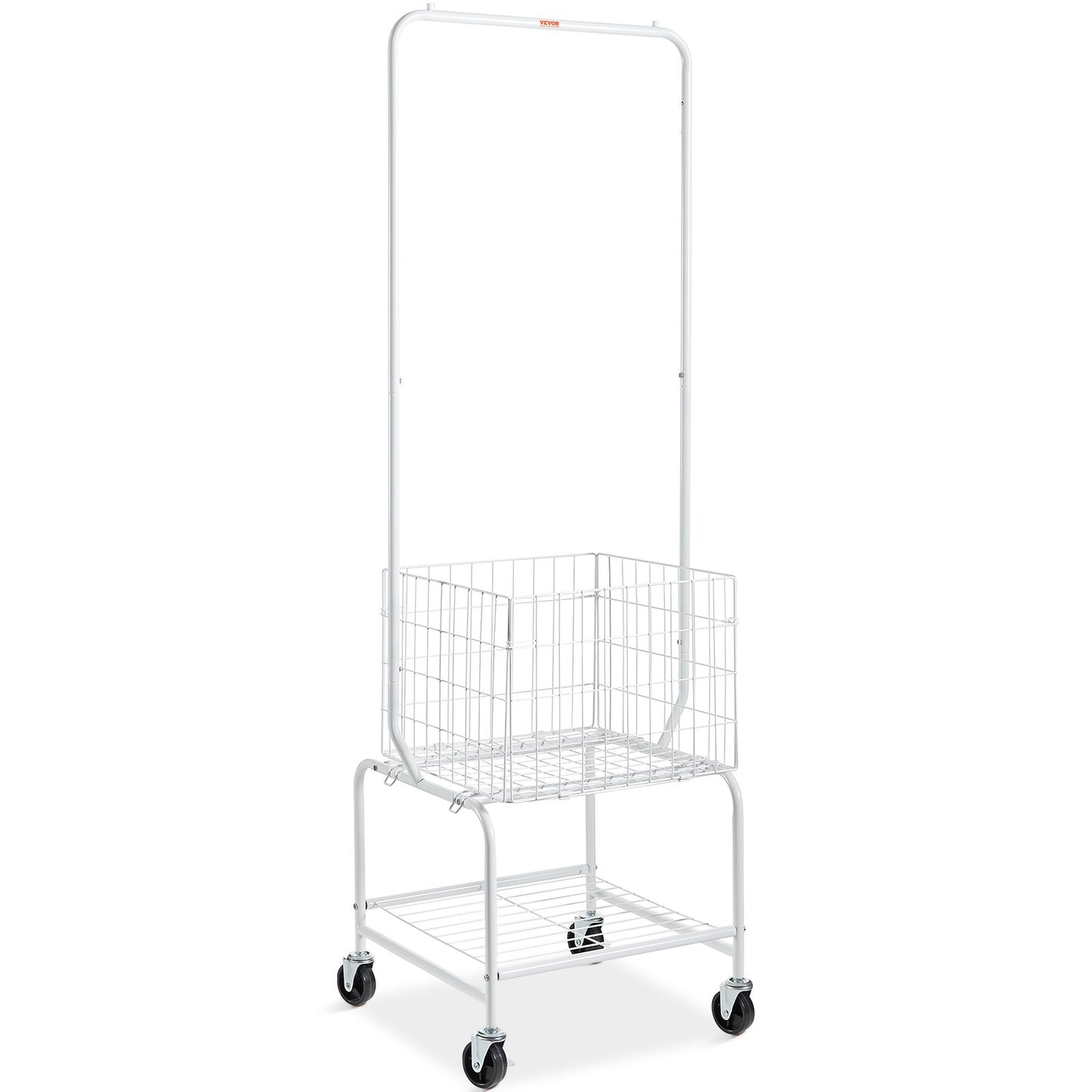 Metal Rolling Laundry Basket with Hanging Garment Rack, Height Adjustment Laundry Hamper Cart with Basket Load and Shelf Load, Storage Organizer with Heavy Duty Lockable Wheels