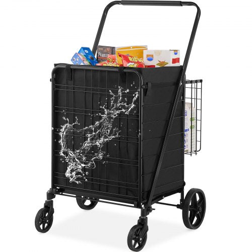 Folding Shopping Cart with Removable Waterproof Liner, 149.7kg Large Capacity Jumbo Grocery Cart with Dual Basket, 360° Swivel Wheels, Dense Metal Mesh Base, Heavy Duty Utility Cart for Shopping