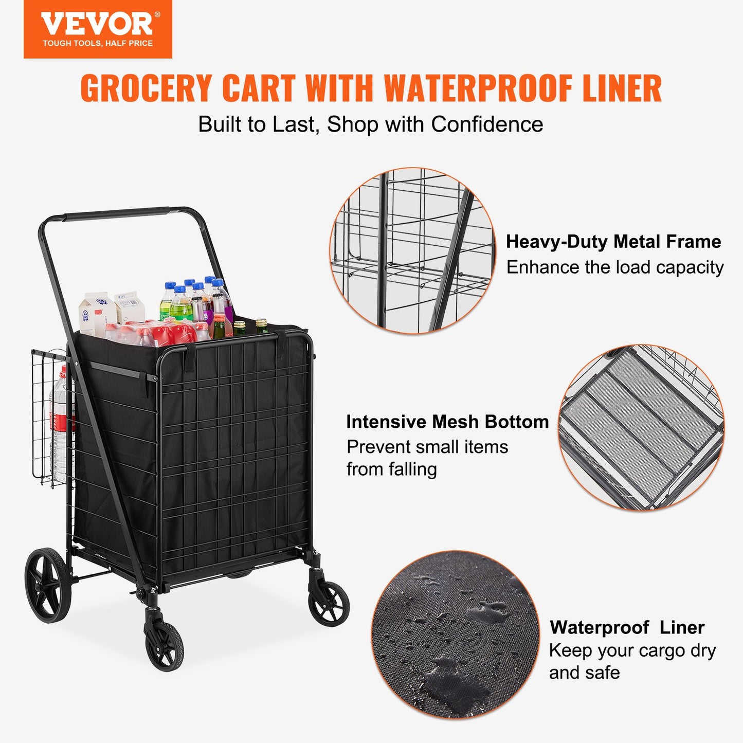 Folding Shopping Cart with Removable Waterproof Liner, 149.7kg Large Capacity Jumbo Grocery Cart with Dual Basket, 360° Swivel Wheels, Dense Metal Mesh Base, Heavy Duty Utility Cart for Shopping