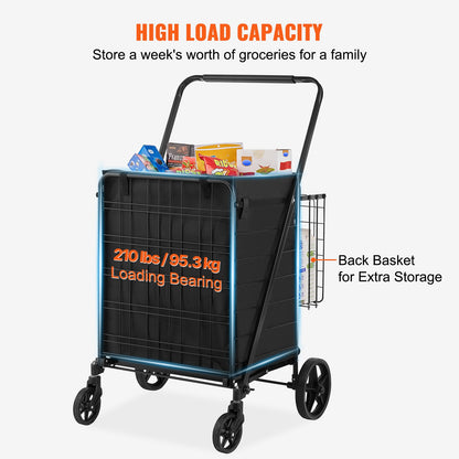 Folding Shopping Cart with Removable Waterproof Liner, 149.7kg Large Capacity Jumbo Grocery Cart with Dual Basket, 360° Swivel Wheels, Dense Metal Mesh Base, Heavy Duty Utility Cart for Shopping