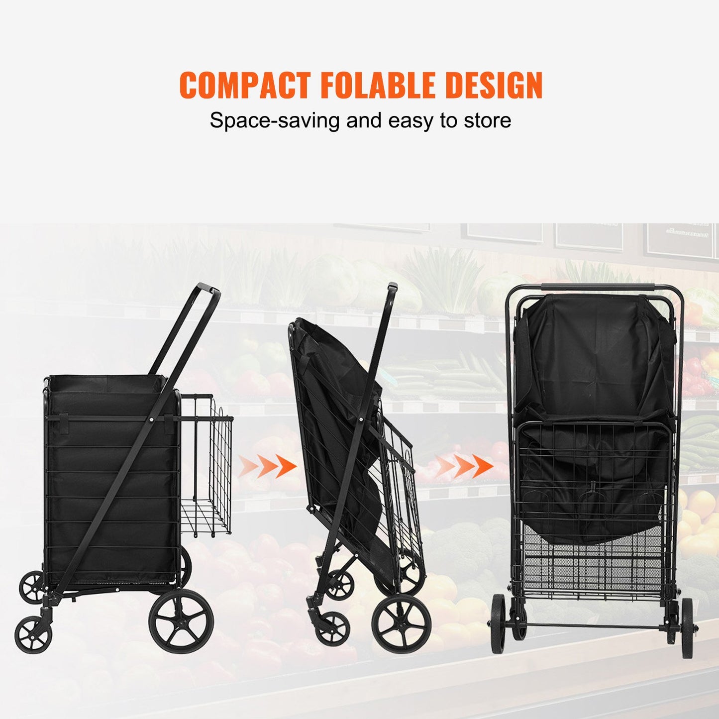 Folding Shopping Cart with Removable Waterproof Liner, 149.7kg Large Capacity Jumbo Grocery Cart with Dual Basket, 360° Swivel Wheels, Dense Metal Mesh Base, Heavy Duty Utility Cart for Shopping