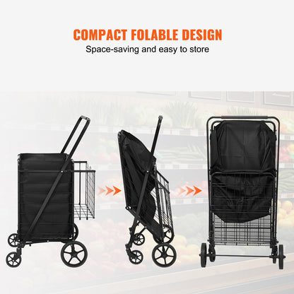 Folding Shopping Cart with Removable Waterproof Liner, 149.7kg Large Capacity Jumbo Grocery Cart with Dual Basket, 360° Swivel Wheels, Dense Metal Mesh Base, Heavy Duty Utility Cart for Shopping