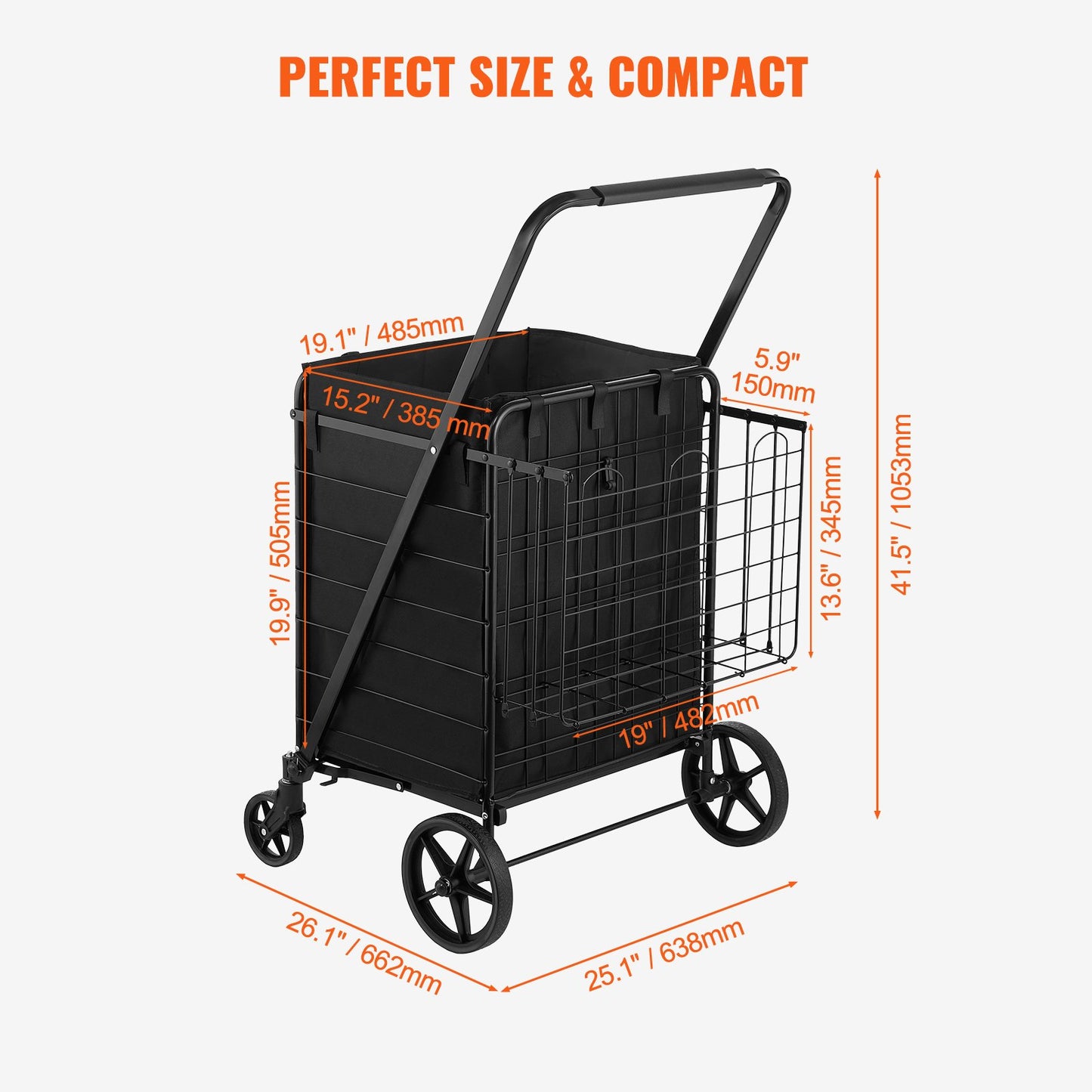 Folding Shopping Cart with Removable Waterproof Liner, 149.7kg Large Capacity Jumbo Grocery Cart with Dual Basket, 360° Swivel Wheels, Dense Metal Mesh Base, Heavy Duty Utility Cart for Shopping