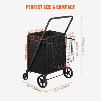 Folding Shopping Cart with Removable Waterproof Liner, 149.7kg Large Capacity Jumbo Grocery Cart with Dual Basket, 360° Swivel Wheels, Dense Metal Mesh Base, Heavy Duty Utility Cart for Shopping
